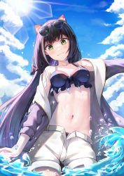 Rule 34 | 1girl, :3, absurdres, animal ear fluff, animal ears, bare shoulders, bekkuro, bikini, bikini under clothes, black bikini, black hair, blue sky, blush, breasts, cat ears, cleavage, closed mouth, collarbone, cowboy shot, day, eyewear on head, frilled bikini, frills, green eyes, highres, jacket, karyl (princess connect!), karyl (summer) (princess connect!), lens flare, long hair, long sleeves, looking at viewer, low twintails, md5 mismatch, medium breasts, multicolored hair, navel, off shoulder, open clothes, open fly, open jacket, outdoors, outstretched arm, princess connect!, purple jacket, resolution mismatch, shorts, sky, solo, source smaller, sparkle, splashing, stomach, streaked hair, sunglasses, swimsuit, twintails, two-tone hair, very long hair, wading, water, white hair, white shorts