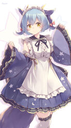 Rule 34 | 1girl, absurdres, adapted costume, apron, bare shoulders, blue dress, blue hair, blue sleeves, blush, breasts, closed mouth, commentary request, cowboy shot, detached sleeves, dragon girl, dragon horns, dragon tail, dress, drop shadow, duel monster, fang, fang out, frilled sleeves, frilled thighhighs, frills, hair between eyes, highres, horns, kanzakietc, lace-trimmed apron, lace trim, laundry dragonmaid, looking at viewer, maid, maid apron, maid headdress, multicolored hair, shadow, short hair, sidelocks, skin fang, sleeveless, sleeveless dress, small breasts, smile, solo, standing, tail, thighhighs, twitter username, white thighhighs, yellow eyes, yu-gi-oh!, zettai ryouiki