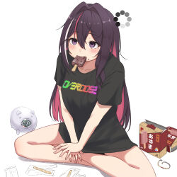 Rule 34 | 1girl, alternate costume, azki (4th costume) (hololive), azki (hololive), black shirt, blush, casual, clothes writing, collarbone, colored inner hair, commentary, double-parted bangs, food, food in mouth, hair between eyes, hair intakes, hololive, indian style, internet overdose, knees out of frame, long hair, micon, multicolored hair, name connection, no pants, official alternate hairstyle, partially translated, piggy bank, pink hair, popsicle, popsicle in mouth, purple eyes, purple hair, shirt, short sleeves, sidelocks, simple background, sitting, solo, symbol-only commentary, t-shirt, translation request, v arms, very long hair, virtual youtuber, white background