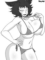 Rule 34 | 1girl, animal ears, artist name, bikini, blush, bodyattk, breasts, cat ears, cat girl, cleavage, collarbone, ear piercing, covered erect nipples, fang, hand on own hip, highres, kali belladonna, looking at viewer, mature female, monochrome, navel, open mouth, piercing, rwby, short hair, sketch, smile, solo, stomach, strap pull, swimsuit, thick thighs, thighs, white background, wink