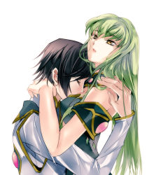Rule 34 | 1boy, 1girl, between breasts, black hair, breasts, c.c., closed eyes, code geass, covered mouth, detached sleeves, eyebrows, from side, green hair, hair between eyes, hand on another&#039;s shoulder, head between breasts, hetero, hug, jewelry, lelouch vi britannia, long hair, meimi k, parted lips, simple background, upper body, white background, yellow eyes