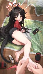 Rule 34 | 1girl, 1other, absurdres, ahoge, barefoot, black hair, black shorts, blue archive, blush, breasts, commentary, comodomodo, demon girl, demon horns, demon tail, english commentary, fang, feet, foot massage, full body, hair intakes, halo, highres, holding, holding another&#039;s foot, horns, indoors, kasumi (blue archive), legs, long hair, looking at viewer, lying, on floor, on side, open mouth, pov, pov hands, red halo, red shirt, sandals, unworn sandals, shirt, short shorts, shorts, skin fang, small breasts, soles, tail, toes, yellow eyes