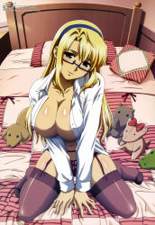 Rule 34 | 1girl, absurdres, areola slip, bed, bed sheet, black thighhighs, blonde hair, blouse, breasts, center opening, cleavage, feet, freezing (series), garter belt, glasses, hairband, highres, incredibly absurdres, kneeling, large breasts, long hair, moriyama yuji, navel, no bra, official art, open clothes, open shirt, panties, pillow, satellizer el bridget, shirt, solo, stuffed animal, stuffed toy, thighhighs, underwear, v arms