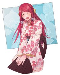 Rule 34 | 1girl, blazblue, blush, bow, closed eyes, flower, hair bow, hair tubes, japanese clothes, kimono, long hair, long sleeves, looking at viewer, nunun, red flower, red hair, sash, simple background, smile, solo, tsubaki yayoi