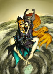 Rule 34 | barefoot, dual persona, fangs, holding hands, highres, hizzacked, long hair, midna, midna (true), nintendo, orange hair, pointy ears, red eyes, selfcest, spoilers, the legend of zelda, the legend of zelda: twilight princess, tongue, yuri