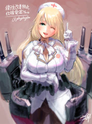 Rule 34 | 10s, 1girl, alternate costume, atago (kancolle), bad id, bad pixiv id, blonde hair, blue eyes, breast hold, breasts, gibagiba, gloves, hat, highres, kantai collection, lab coat, large breasts, long hair, looking at viewer, mecha musume, nurse, nurse cap, one eye closed, pantyhose, pointing, pointing up, solo, white gloves