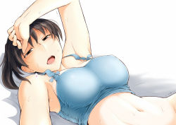 Rule 34 | 1girl, amagami, arm up, black eyes, black hair, blush, breasts, breath, clothes lift, female focus, groin, large breasts, looking at viewer, navel, open mouth, out-of-frame censoring, ponytail, sasaki akira (ugc), shirt lift, short hair, simple background, solo, sweat, trembling, tsukahara hibiki