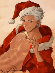 Rule 34 | 1boy, abs, archer (fate), bara, commentary request, dark-skinned male, dark skin, fate/grand order, fate/stay night, fate (series), g0ringo, grey eyes, hat, large pectorals, male focus, muscular, muscular male, pectorals, santa costume, santa hat, short hair, smile, solo, white hair