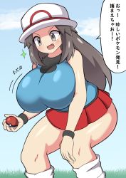 Rule 34 | 1girl, alternate breast size, black wristband, blue shirt, blue socks, breasts, brown eyes, brown hair, bucket hat, commentary request, creatures (company), game freak, hair flaps, hat, highres, huge breasts, jaga334, leaf (pokemon), long hair, loose socks, nintendo, pleated skirt, pokemon, pokemon frlg, red skirt, shirt, skirt, sleeveless, sleeveless shirt, socks, solo, squatting, translation request, white hat, wristband