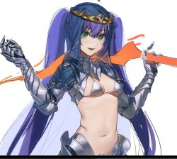 Rule 34 | 1girl, armor, bikini armor, breasts, circlet, cleavage, colored pubic hair, copyright request, female pubic hair, gauntlets, green eyes, highres, holding, holding sword, holding weapon, long hair, navel, outstretched arms, over shoulder, pubic hair, pubic hair peek, purple hair, qiongsheng, revealing clothes, small breasts, smile, solo, sword, sword over shoulder, twintails, unfinished, veil, very long hair, weapon, weapon over shoulder