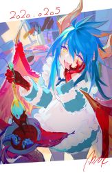 Rule 34 | 1girl, absurdres, ahoge, bad id, bad pixiv id, blue hair, blue ribbon, blue tongue, blush, bowl, colored tongue, cooking, dated, dragon, dragon girl, dragon horns, dragon wings, dress, fang, food, frills, hair between eyes, heart, heart-shaped pupils, highres, holding, horns, indoors, kitchen, knife, ladle, light blush, liquid, long hair, maid, mimitoke, open mouth, original, photo (object), ribbon, signature, smile, stab, standing, sweat, symbol-shaped pupils, tentacles, tongue, tongue out, window, wings, yellow eyes