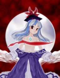 Rule 34 | 1girl, blue eyes, breasts, breasts out, female focus, flat chest, hat, kamishirasawa keine, kiriu, long hair, magatama, multicolored hair, navel, off shoulder, red eyes, solo, topless, touhou, two-tone hair, undressing, upper body, white hair