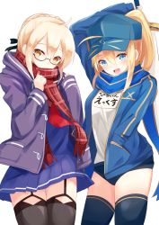Rule 34 | 2girls, ahoge, arm up, artoria pendragon (all), artoria pendragon (fate), black-framed eyewear, black ribbon, blonde hair, blue eyes, blue scarf, braid, buruma, covered mouth, cowboy shot, fate/grand order, fate (series), garter straps, glasses, hair between eyes, hair ribbon, hand in pocket, holding, holding sword, holding weapon, igayan, jacket, looking at viewer, multiple girls, mysterious heroine x (fate), mysterious heroine x alter (fate), mysterious heroine x alter (first ascension) (fate), open mouth, plaid, plaid scarf, ponytail, red scarf, ribbon, saber (fate), scarf, school uniform, semi-rimless eyewear, shirt, simple background, smile, sword, thighhighs, under-rim eyewear, weapon, white background, white shirt, yellow eyes