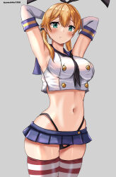Rule 34 | 1girl, :/, absurdres, aqua eyes, armpits, black hairband, black neckerchief, black panties, blonde hair, blue sailor collar, blue skirt, blush, breasts, commentary request, cosplay, crop top, elbow gloves, gloves, grey background, hair between eyes, hairband, highleg, highleg panties, highres, kantai collection, large breasts, long hair, looking at viewer, low twintails, microskirt, midriff, mizuki (uzuki no sato), navel, neckerchief, one-hour drawing challenge, panties, prinz eugen (kancolle), sailor collar, shimakaze (kancolle), shimakaze (kancolle) (cosplay), skirt, solo, striped clothes, striped thighhighs, thighhighs, thong, twintails, twitter username, underwear, white gloves