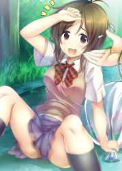 Rule 34 | 10s, 1girl, arm up, back, bag, blush, bracelet, brown eyes, brown hair, disembodied hand, domyoji karin, idolmaster, idolmaster cinderella girls, jewelry, ment, messy hair, offering hand, open mouth, outstretched hand, red eyes, short hair, sitting, skirt, skirt drape, smile, solo focus, spread legs, sweater vest, tears
