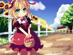 Rule 34 | 1girl, apple, bad id, bad pixiv id, basket, blonde hair, blue sky, blush, bow, carrying, cloud, day, fence, flower, food, fruit, garden of the sun, gorota, grass, green eyes, hair ribbon, house, looking at viewer, medicine melancholy, outdoors, path, picket fence, puffy short sleeves, puffy sleeves, purple shirt, red skirt, ribbon, ribbon-trimmed clothes, ribbon trim, road, shirt, short hair, short sleeves, skirt, sky, smile, solo, standing, sunflower, touhou, tree, twitter username, vanishing point, wooden fence