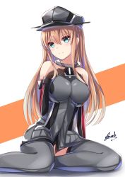Rule 34 | 1girl, artist name, bare shoulders, bee doushi, bismarck (kancolle), blonde hair, blue eyes, brown gloves, detached sleeves, gloves, grey thighhighs, hair between eyes, hat, highres, kantai collection, long hair, military, military uniform, peaked cap, signature, smile, solo, thighhighs, uniform