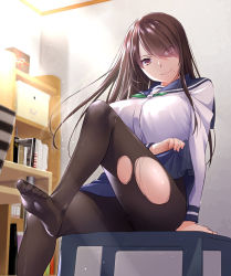 Rule 34 | 1girl, arm support, black pantyhose, blue sailor collar, blue skirt, book, bookshelf, box, breasts, brown eyes, brown hair, closed mouth, clothes lift, commentary request, eyes visible through hair, feet, from below, indoors, large breasts, leg up, lifting own clothes, long sleeves, looking at viewer, looking down, miniskirt, mole, mole under mouth, nakajima yuka, no shoes, original, pantyhose, pleated skirt, purple eyes, sailor collar, shirt, sitting, skirt, skirt lift, sleeve cuffs, smile, solo, torn clothes, torn pantyhose, white shirt