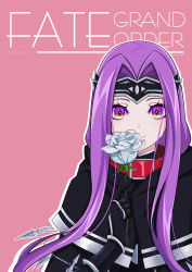 Rule 34 | 1girl, absurdres, black cloak, black gloves, brown background, character name, cloak, closed mouth, commentary request, copyright name, fate/grand order, fate (series), female focus, flower, gloves, grey flower, grey rose, hand up, headpiece, highres, holding, holding flower, hood, hood down, hooded cloak, long hair, looking at viewer, matching hair/eyes, medusa (fate), medusa (lancer) (fate), medusa (rider) (fate), outline, parted bangs, purple eyes, purple hair, rider, rose, sidelocks, smile, solo, very long hair, white outline, yuuta (yuuta0312)