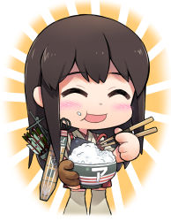 Rule 34 | 10s, 1girl, abua, akagi (kancolle), arrow (projectile), blush, bowl, brown hair, chopsticks, eating, closed eyes, food, food on face, foodgasm, gloves, happy, kantai collection, muneate, personification, quiver, rice, rice bowl, rice on face, single glove, solo