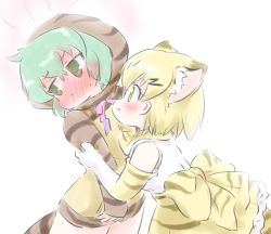 Rule 34 | 2girls, @ @, animal ears, animal print, back bow, bare shoulders, blonde hair, blush, bow, bowtie, cat ears, cat girl, cat print, cat tail, commentary request, elbow gloves, extra ears, full-face blush, gloves, green eyes, green hair, high-cut armor (persona), hood, hood up, hoodie, hug, kemono friends, long sleeves, multiple girls, print bow, print gloves, print hoodie, print neckwear, print skirt, sand cat (kemono friends), shirt, short hair, short sleeves, skirt, sleeveless, snake print, snake tail, t-shirt, tail, tsuchinoko (kemono friends), uho (uhoyoshi-o), white shirt