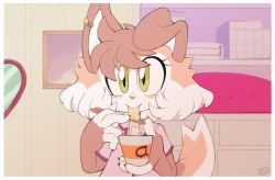 Rule 34 | 1girl, ace (kaijumilk), animal ears, animal nose, artist name, bishoujo senshi sailor moon, blush, body fur, border, chopsticks, collared shirt, commentary, commentary request, cup, cup ramen, derivative work, dog ears, dog girl, dog tail, earrings, food, furry, furry female, green eyes, highres, holding, indoors, jewelry, kaijumilk (milkchaotea), kamaboko, looking at viewer, multicolored hair, narutomaki, noodles, orange hair, original, pink shirt, ramen, screenshot redraw, shirt, short hair, signature, simple background, single earring, slurping, smile, solo, symbol-only commentary, tail, upper body, white border, white hair, yellow eyes