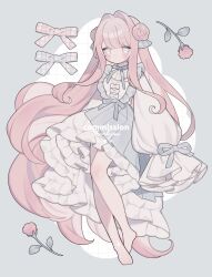 Rule 34 | 1girl, 3tokitamago, bare legs, barefoot, blush, closed mouth, commission, dot mouth, feet, flower, grey background, grey eyes, grey skirt, grid background, hair flower, hair intakes, hair ornament, highres, layered skirt, legs apart, long bangs, long hair, long sleeves, looking at viewer, no pupils, original, pink flower, pink hair, pink rose, pleated skirt, puffy long sleeves, puffy sleeves, rose, shirt, sidelocks, skirt, sleeves past fingers, sleeves past wrists, solo, straight hair, toes, two-tone background, very long hair, watermark, white background, white shirt