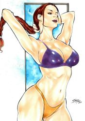 Rule 34 | 1girl, armpits, arms behind head, arms up, bikini, braid, braided ponytail, breasts, brown hair, curvy, fingernails, fred benes, hand in own hair, highres, lara croft, lips, long hair, looking to the side, messy hair, navel, parted lips, shiny skin, simple background, standing, swimsuit, thighs, thong bikini, tomb raider, traditional media, two-tone bikini, very long hair, wide hips