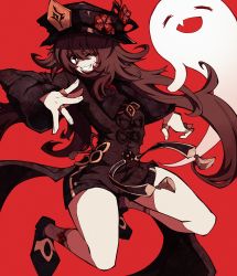 Rule 34 | absurdres, brown hair, claw pose, genshin impact, ghost, hat, highres, hu tao (genshin impact), jewelry, jumping, kekel, long hair, looking at viewer, one eye closed, red background, red eyes, ring, simple background, smile, socks