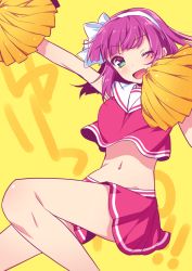 Rule 34 | 1girl, ;d, angel beats!, bow, cheerleader, collared shirt, crop top, floating hair, green eyes, hair bow, hairband, looking at viewer, midriff, miniskirt, navel, one eye closed, open mouth, pleated skirt, pom pom (cheerleading), purple hair, red shirt, red skirt, sailor collar, shirt, short hair, skirt, sleeveless, sleeveless shirt, smile, solo, stomach, touon, white bow, white hairband, white sailor collar, yellow background, nakamura yuri