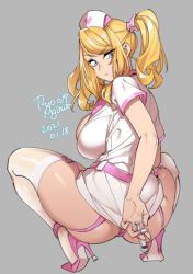 Rule 34 | 1girl, 2021, agawa ryou, ass, blonde hair, breasts, commentary, from behind, full body, garter straps, grey background, hat, heel up, high heels, holding, holding syringe, large breasts, long hair, looking at viewer, looking back, nurse, nurse cap, original, panties, pink footwear, pink panties, pumps, short sleeves, simple background, solo, squatting, strappy heels, swept bangs, syringe, thighhighs, twintails, underwear, white thighhighs