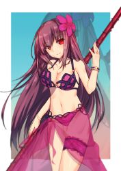 Rule 34 | absurdres, alternate costume, bad id, bad pixiv id, bikini, blurry, bracelet, breasts, commentary request, fate/grand order, fate (series), flower, gae bolg (fate), hair flower, hair intakes, hair ornament, hibiscus, highres, jewelry, bridal garter, long hair, medium breasts, mo (pixiv9929995), nail polish, navel, polearm, purple bikini, purple hair, purple sarong, red eyes, sarong, scathach (fate), scathach (fate/grand order), scathach (swimsuit assassin) (fate), spear, swimsuit, very long hair, weapon, zoom layer