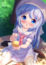 Rule 34 | 1girl, blue eyes, blue hair, blurry, blurry background, blush, brown footwear, chestnut mouth, chinomaron, collarbone, commentary request, day, depth of field, feeding, food, from above, gochuumon wa usagi desu ka?, hair ornament, hat, highres, holding, holding food, holding spoon, kafuu chino, long hair, looking at viewer, open mouth, outdoors, puffy short sleeves, puffy sleeves, sailor collar, school uniform, shirt, shoes, short sleeves, signature, sitting, solo, spoon, wariza, white legwear, white sailor collar, white shirt, x hair ornament