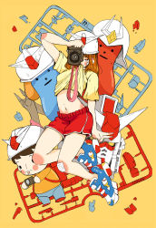 Rule 34 | 1boy, 1girl, blue footwear, blush, breasts, brown hair, camera, clothes lift, crisalys, dolphin shorts, facial hair, gundam, gunpla, hat, helmet, highres, lifted by self, long hair, looking at viewer, midriff, model kit, mouth hold, naughty face, navel, one eye covered, original, red shorts, reebok, shirt, shirt lift, shoes, short sleeves, shorts, stubble, toy, v, white headwear, yellow background, yellow shirt