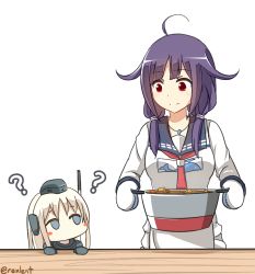 Rule 34 | 10s, 2girls, ?, ahoge, blonde hair, blue eyes, commentary, curry, food, garrison cap, hair flaps, hat, kantai collection, kriegsmarine, long hair, low twintails, magatama, military, military uniform, multiple girls, oven mitts, pot, purple hair, red eyes, rexlent, school uniform, serafuku, table, taigei (kancolle), twintails, u-511 (kancolle), uniform