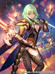 Rule 34 | 1girl, black gloves, breasts, brown pantyhose, byleth (female) (fire emblem), byleth (fire emblem), center opening, closed mouth, coin, company name, copyright name, fingerless gloves, fire emblem, fire emblem: three houses, fire emblem cipher, fuzichoco, gloves, green eyes, green hair, heroes relic (fire emblem), holding, holding sword, holding weapon, looking at viewer, medium breasts, nintendo, official alternate costume, official art, pantyhose, solo, standing, sword, sword of the creator, torn clothes, torn pantyhose, treasure chest, weapon