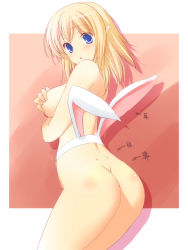 Rule 34 | 1girl, 47agdragon, animal ears, ass, blonde hair, blue eyes, rabbit ears, dimples of venus, elf, nude, pointy ears, solo, translated, when you see it