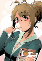 Rule 34 | 10s, 1girl, akizuki ritsuko, brown eyes, brown hair, business suit, folded ponytail, formal, glasses, idolmaster, idolmaster (classic), idolmaster 2, pov, seki suzume, solo, suit, wafer stick