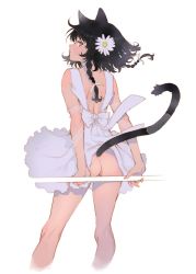Rule 34 | 1girl, absurdres, animal ears, arutera, ass, black hair, blue eyes, braid, bright pupils, cat ears, cat tail, clothes lift, dress, dress lift, expressionless, flower, from behind, hair flower, hair ornament, hair ribbon, highres, looking back, no panties, original, profile, ribbon, short hair with long locks, side braid, simple background, solo, tail, twin braids, white background, white dress, white pupils, wind