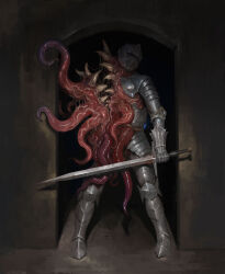 Rule 34 | 1other, ambiguous gender, armor, armored boots, body horror, boots, creature, door, facing viewer, full armor, full body, gauntlets, helm, helmet, highres, holding, holding sword, holding weapon, horror (theme), knight, oleg bulakh, open mouth, original, saliva, sword, teeth, tentacles, weapon