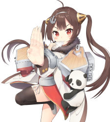 Rule 34 | 1girl, anchor hair ornament, applepie (12711019), azur lane, baozi, brown hair, eating, fighting stance, food, hair ornament, highres, jacket, long hair, looking at viewer, panda, ping hai (azur lane), red eyes, rigging, simple background, single thighhigh, solo, thighhighs, twintails, white background