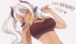 Rule 34 | 1girl, animal ears, artsy (vtuber), bell, breasts, brown nails, commentary, cow ears, cowbell, dark-skinned female, dark skin, english commentary, english text, happy birthday, heart, highres, horns, indie virtual youtuber, large breasts, lying, noto hams, on back, parted lips, teeth, upper teeth only, virtual youtuber
