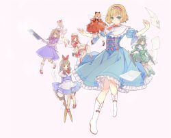 Rule 34 | 1girl, alice margatroid, blonde hair, blue dress, boots, capelet, dress, dutch doll, glaive (polearm), green eyes, hairband, hat, hourai doll, lance, lolita hairband, looking at viewer, polearm, puffy short sleeves, puffy sleeves, scissors, shanghai doll, short hair, short sleeves, simple background, solo, touhou, tsukimiya kamiko, weapon, white background, white footwear, wings