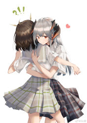 Rule 34 | !?, 2girls, ahoge, arknights, black skirt, brown hair, chinese commentary, commentary, cowboy shot, dragon horns, feather hair, grey hair, grey skirt, heart, highres, horns, hug, long hair, looking at viewer, multiple girls, plaid, plaid skirt, pleated skirt, saria (arknights), shirt, short hair, silence (arknights), simple background, sin., skirt, smile, weibo watermark, white background, white shirt, yuri