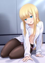 Rule 34 | 1girl, blonde hair, blouse, blue eyes, blush, breasts, brown pantyhose, collarbone, collared shirt, dress shirt, fate/grand order, fate (series), highres, long hair, long sleeves, looking at viewer, lord el-melloi ii case files, navel, open clothes, open shirt, panties, panties under pantyhose, pantyhose, parted lips, pink panties, reines el-melloi archisorte, shirt, sidelocks, small breasts, smile, solo, takanashi tsukasa, thighs, underwear, white shirt
