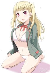 Rule 34 | 1girl, bikini, blazer, blonde hair, blunt bangs, blush, breasts, cleavage, fang, female focus, jacket, kichihachi, kneeling, large breasts, long hair, looking at viewer, open clothes, open jacket, open mouth, red eyes, simple background, solo, sweat, swimsuit, tokyo 7th sisters, two side up, uesugi u. kyouko