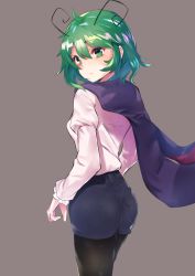 Rule 34 | 1girl, ahoge, asuzemu, black pantyhose, blue shorts, blush, cape, closed mouth, commentary request, cowboy shot, expressionless, frilled sleeves, frills, from behind, green eyes, green hair, grey background, hair between eyes, juliet sleeves, long sleeves, looking back, pantyhose, pantyhose under shorts, puffy sleeves, purple cape, shirt, short hair, shorts, simple background, solo, standing, touhou, white shirt, wriggle nightbug
