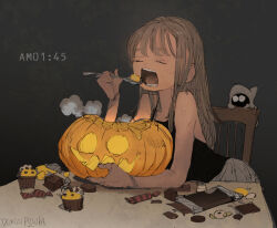 1girl artist_name bare_shoulders black_tank_top candy chair chocolate chocolate_bar closed_eyes commentary_request creature cupcake demizu_posuka food grey_background hand_up hat holding holding_spoon jack-o&#039;-lantern long_hair open_mouth original solo spoon table tank_top upper_body witch_hat wrapped_candy