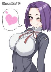 Rule 34 | 1girl, black dress, breasts, dress, heart, highres, kantai collection, kurano kisuke, large breasts, neck ribbon, one-hour drawing challenge, one eye closed, purple eyes, purple hair, red ribbon, ribbon, short hair, simple background, solo, spoken heart, tatsuta (kancolle), twitter username, upper body, white background