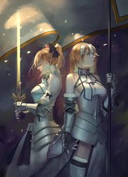 Rule 34 | 2girls, armor, armored boots, armored dress, artoria pendragon (all), artoria pendragon (fate), banner, bare shoulders, black bow, black gloves, black thighhighs, blonde hair, boots, bow, breastplate, breasts, caliburn (fate), chain, closed mouth, commentary, cowboy shot, detached sleeves, dress, elbow gloves, eyelashes, fate/grand order, fate/stay night, fate/unlimited codes, fate (series), faulds, flag, from side, fur-trimmed gloves, fur-trimmed legwear, fur trim, gauntlets, gloves, hair bow, halterneck, headpiece, highres, holding, holding sword, holding weapon, jeanne d&#039;arc (fate), jeanne d&#039;arc (ruler) (fate), jeanne d&#039;arc (third ascension) (fate), jeanne d&#039;arc alter (fate), lips, long hair, looking away, medium breasts, multiple girls, nose, pink lips, plackart, profile, projected inset, puffy detached sleeves, puffy sleeves, saber (fate), saber lily, since, standard bearer, standing, sword, thighhighs, weapon, yellow eyes
